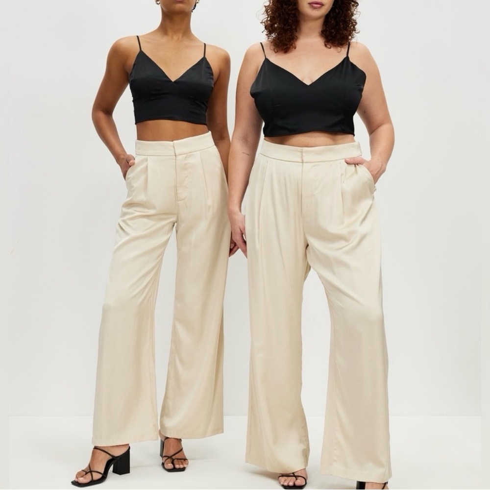 Abercrombie & Fitch Sloane Satin Wide-Leg Cream High-Rise Wide Leg Trousers